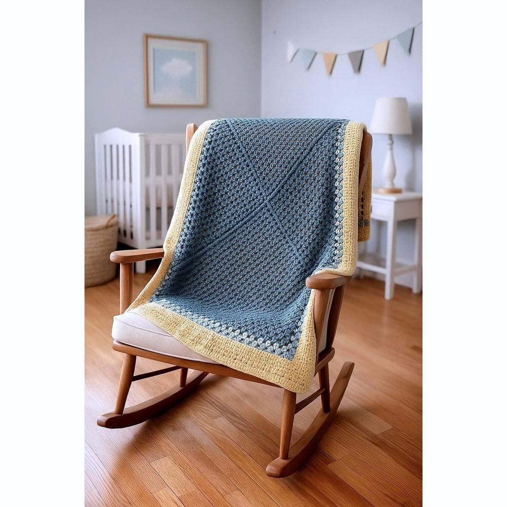 Crochet Baby Blanket 46"‎ x46' Blue and Yellow Square Nursery Decor - Handmade - Picture 6 of 6